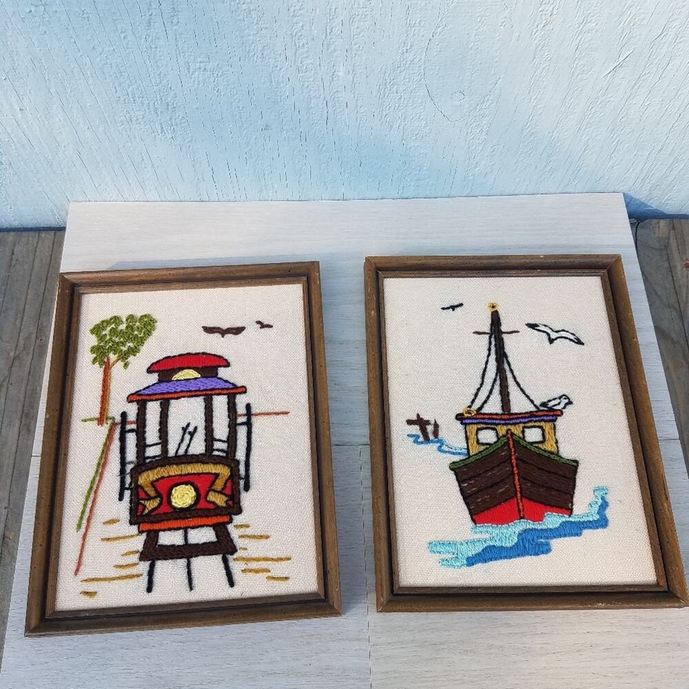 Vintage 1970s Handmade Art Needlepoint Trolley & Boat Framed Art Boho Nautical